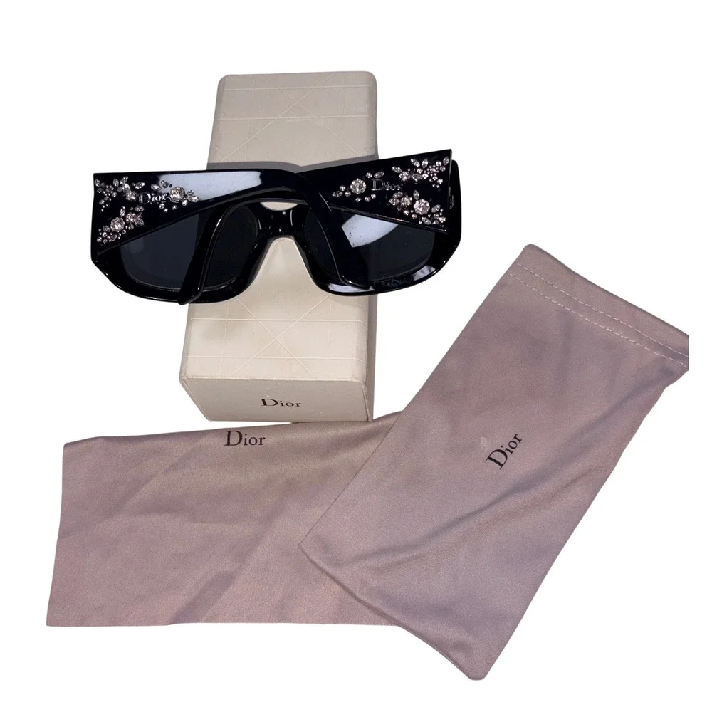 Christian Dior Sunglasses OS Black Crystal Floral Embellished Square Italy V2K